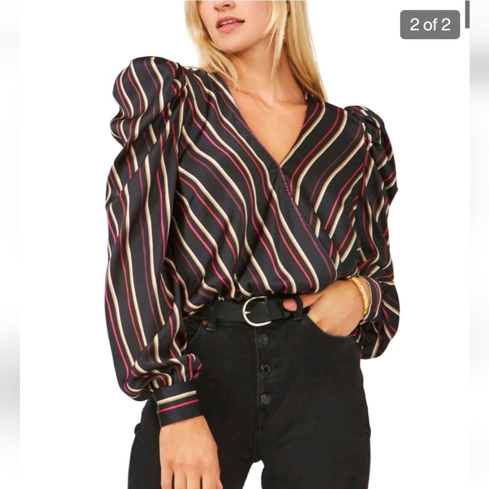 Vince Camuto Stripe Puff Shoulder Long Sleeve Blouse Size Large